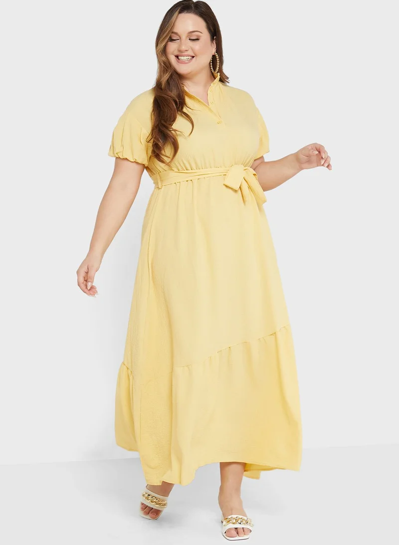Ella Plus Tiered Belted Puff Sleeve Dress