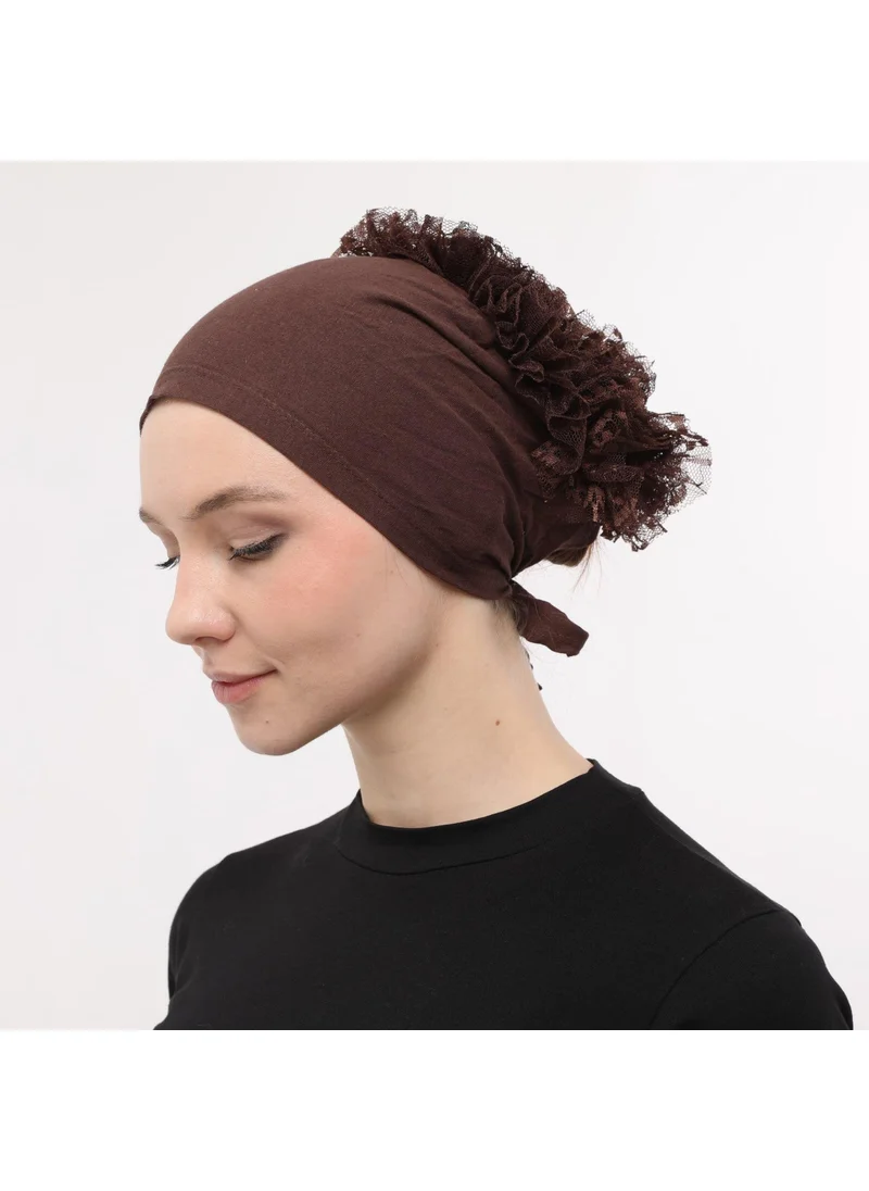 Sensu Stitched at the Front, Tied at the Back, Bun, Lace, Frill, Hijab Bonnet