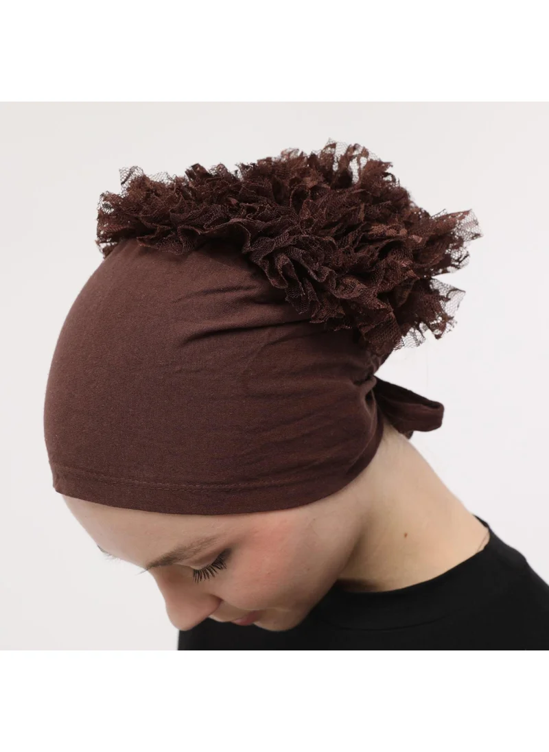 Sensu Stitched at the Front, Tied at the Back, Bun, Lace, Frill, Hijab Bonnet