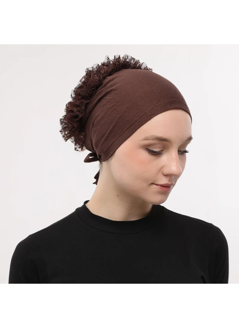 Sensu Stitched at the Front, Tied at the Back, Bun, Lace, Frill, Hijab Bonnet