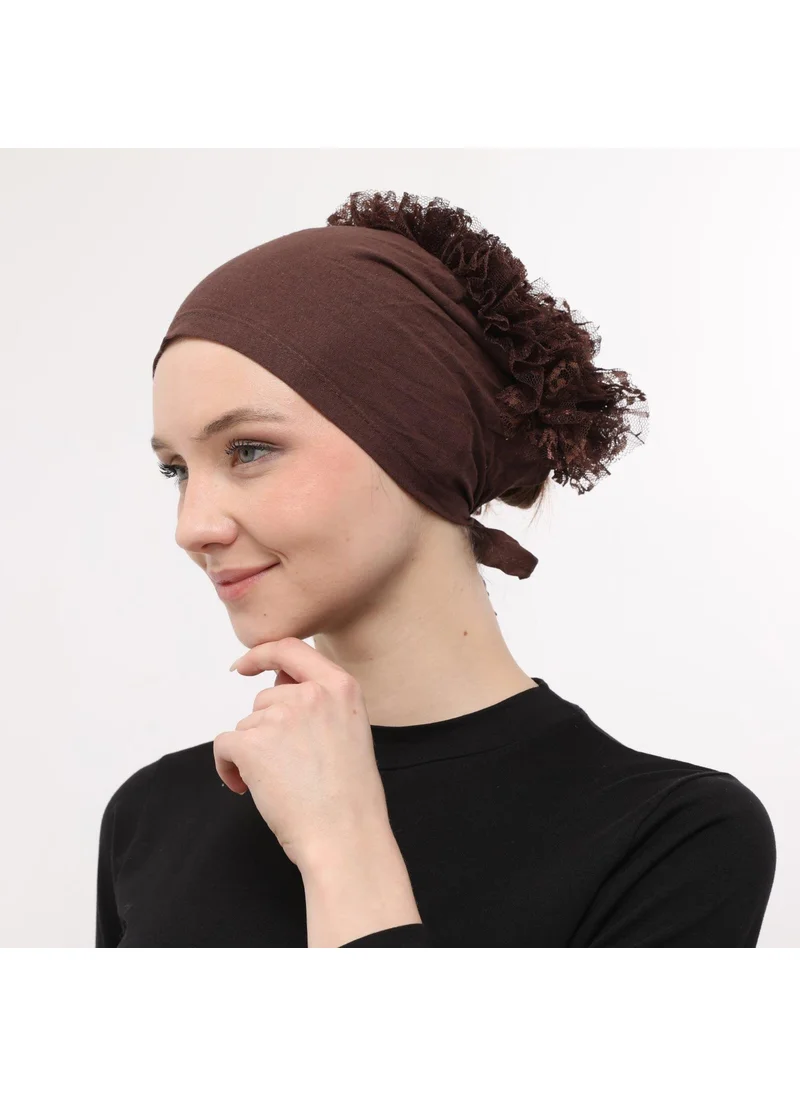 Sensu Stitched at the Front, Tied at the Back, Bun, Lace, Frill, Hijab Bonnet