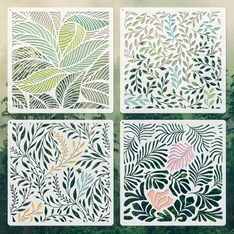 Felixcraft Wall Stencils for Painting Large Pattern, 4PCS 8 Inch Reusable Stencils for Crafts, Exquisite Leaf Designs for Wall Furniture Home Decor, DIY Art Projects - Image 1