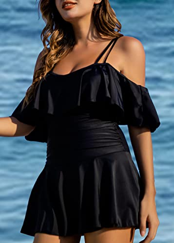 COCOPEAR Women's One Piece Flounce Swimsuit Off Shoulder Bathing Suit Tummy Control Swimdress Black - Image 4