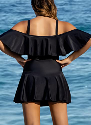 COCOPEAR Women's One Piece Flounce Swimsuit Off Shoulder Bathing Suit Tummy Control Swimdress Black - Image 3
