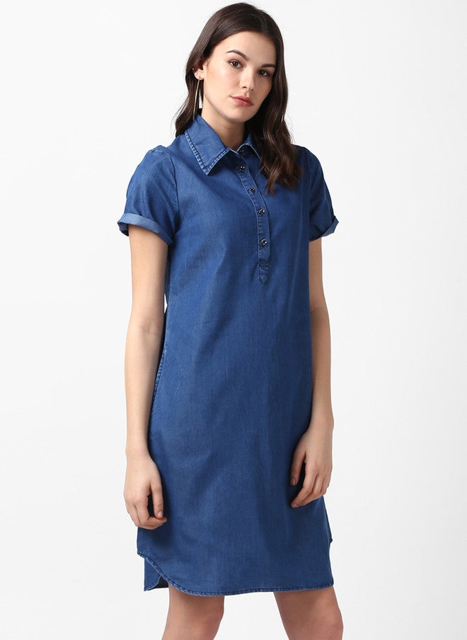 StyleStone فستان قميص جينز أزرق سادة للنساء من ستايل ستون - Image 1