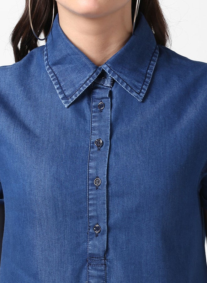 StyleStone فستان قميص جينز أزرق سادة للنساء من ستايل ستون - Image 2