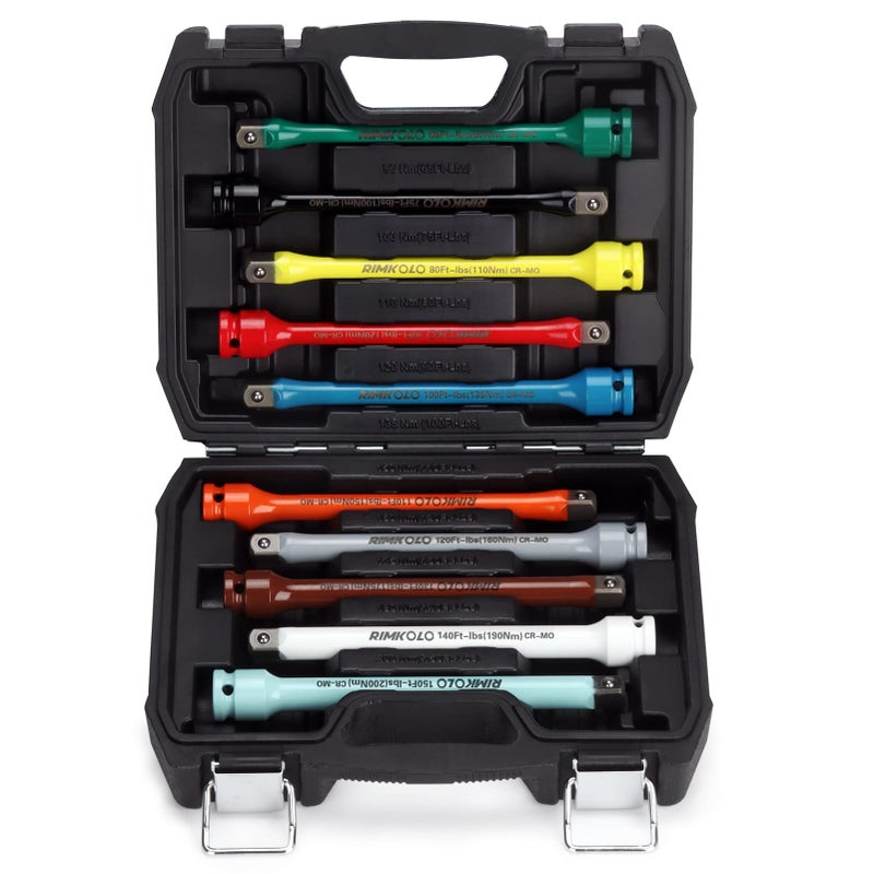 RIMKOLO 1/2" Drive Torque Limiting Extension Bar Set, 10-Piece Impact Torque Limiter Set with 8 Inch Color-Coded CR-MO Torque Sticks (65 to 150 Ft-Lbs) for Locking Lug Nuts - Image 1