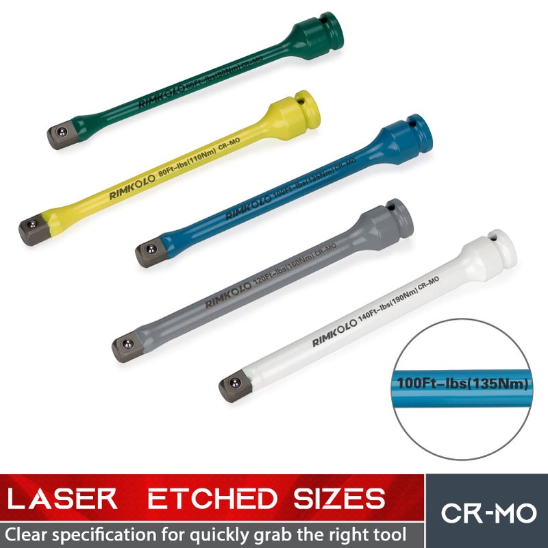 RIMKOLO 1/2" Drive Torque Limiting Extension Bar Set, 10-Piece Impact Torque Limiter Set with 8 Inch Color-Coded CR-MO Torque Sticks (65 to 150 Ft-Lbs) for Locking Lug Nuts - Image 4