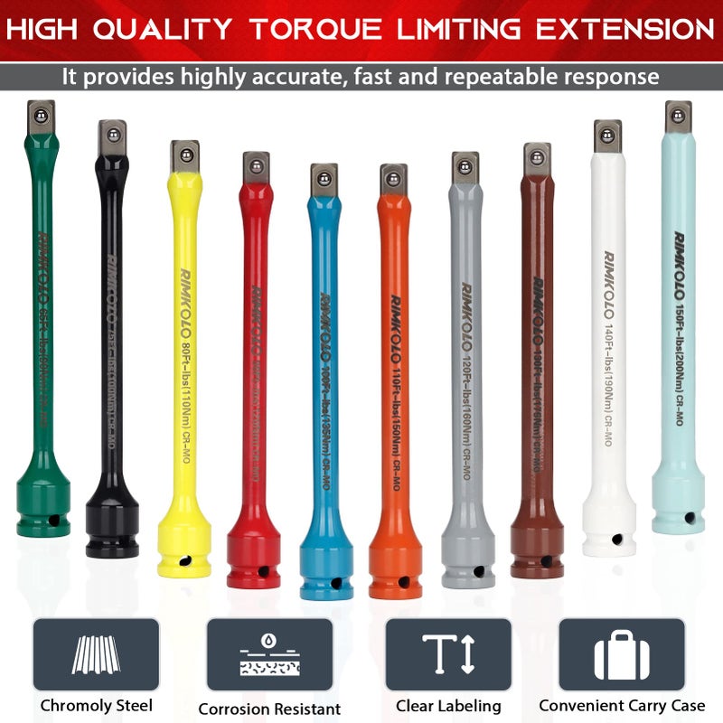 RIMKOLO 1/2" Drive Torque Limiting Extension Bar Set, 10-Piece Impact Torque Limiter Set with 8 Inch Color-Coded CR-MO Torque Sticks (65 to 150 Ft-Lbs) for Locking Lug Nuts - Image 5