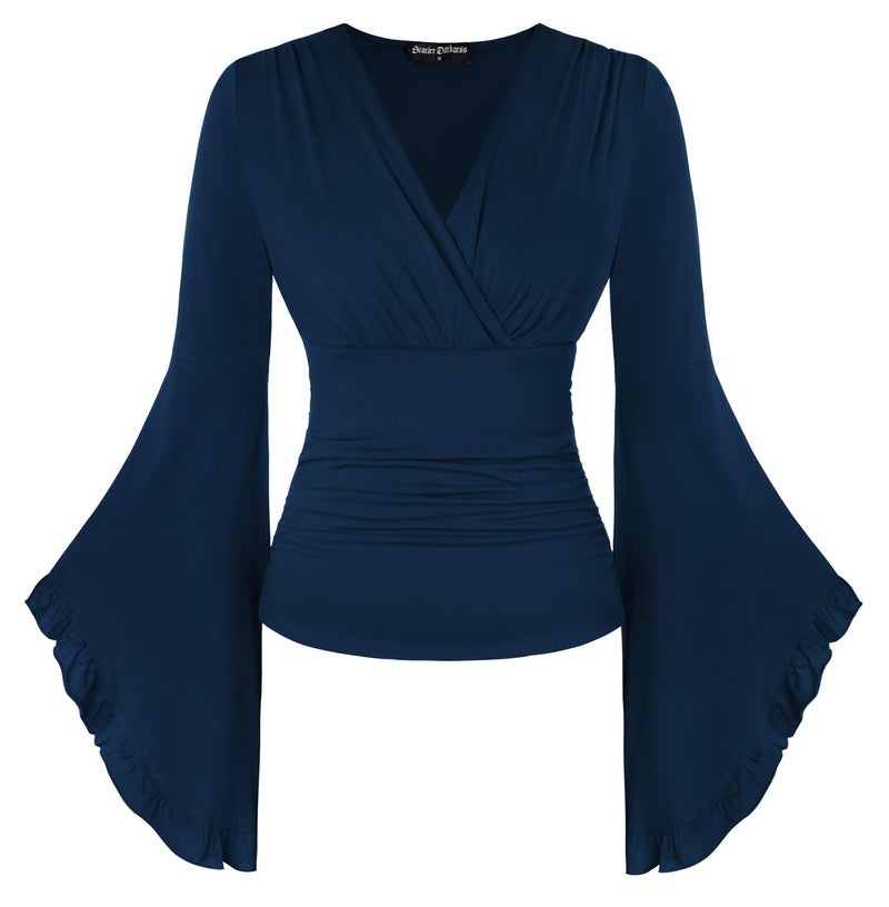 Scarlet Darkness بلوزات النهضة للنساء بأكمام جرس طويلة وياقة على شكل حرف V Tops مجمعة باللون الأزرق الداكن XL - Image 1
