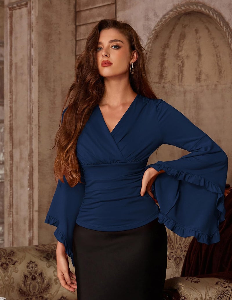 Scarlet Darkness بلوزات النهضة للنساء بأكمام جرس طويلة وياقة على شكل حرف V Tops مجمعة باللون الأزرق الداكن XL - Image 2