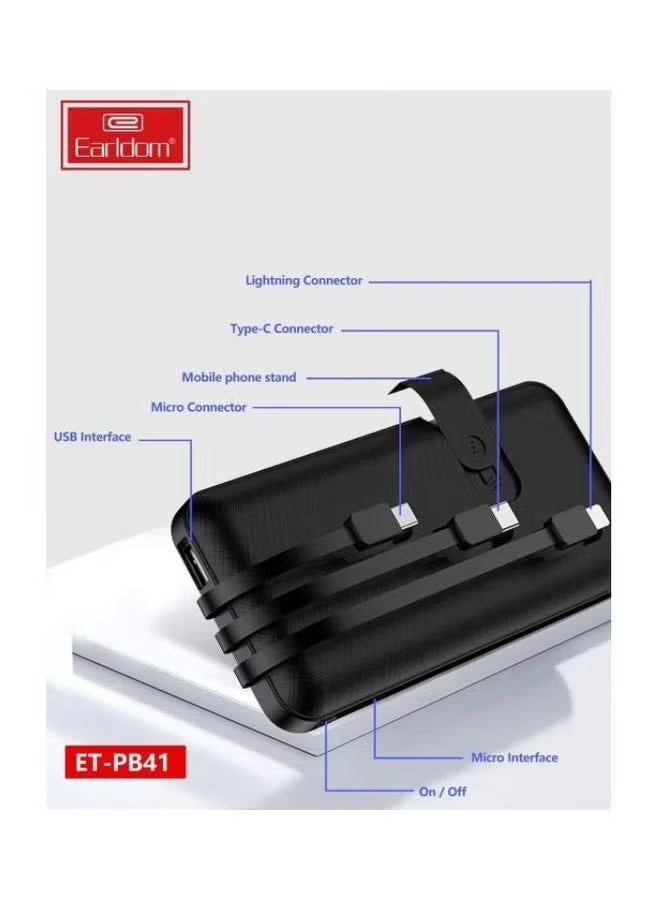 Earldom 10000mAh Power Bank with 3 In-Built Charging Cables & LCD Display – Portable USB Power Bank for Phones, Tablets, and Devices, Black, Quick Charging, Compact Design, Multi-Cable Charger with Integrated Cables for Ultimate Convenience - Image 4