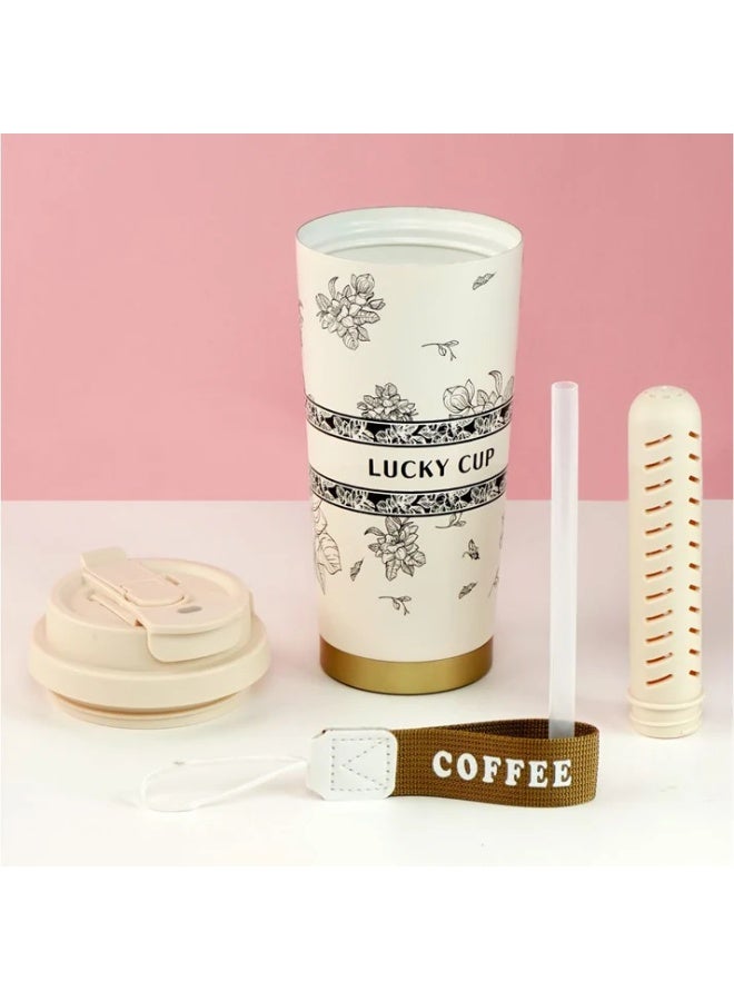 LITTLE SURPRISE BOX Black Floral Stainless Steel premium Insulated Detox Infuser Bottle with Tea and Fruit Infuser attachment, 520ml - Image 3