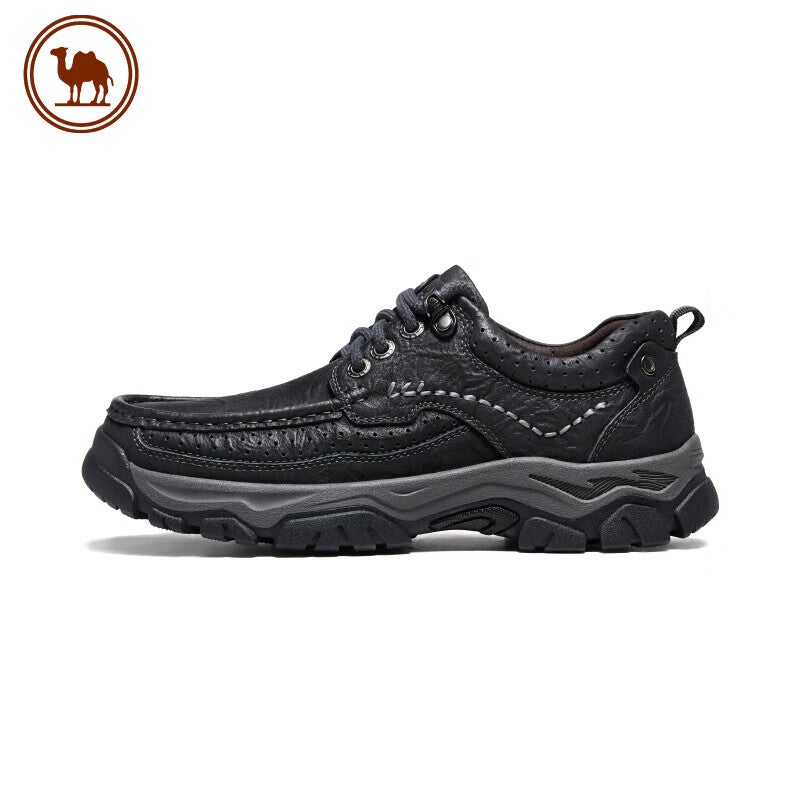 JD Jing Zao CAMEL Brand Casual Leather Shoes with Embossed Pattern, Cowhide Men's Work Boots, Dad Shoes P15A307021 Black Size 40 - Image 1