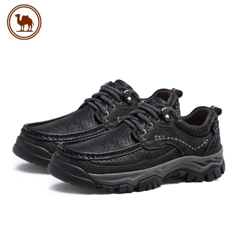 JD Jing Zao CAMEL Brand Casual Leather Shoes with Embossed Pattern, Cowhide Men's Work Boots, Dad Shoes P15A307021 Black Size 40 - Image 3