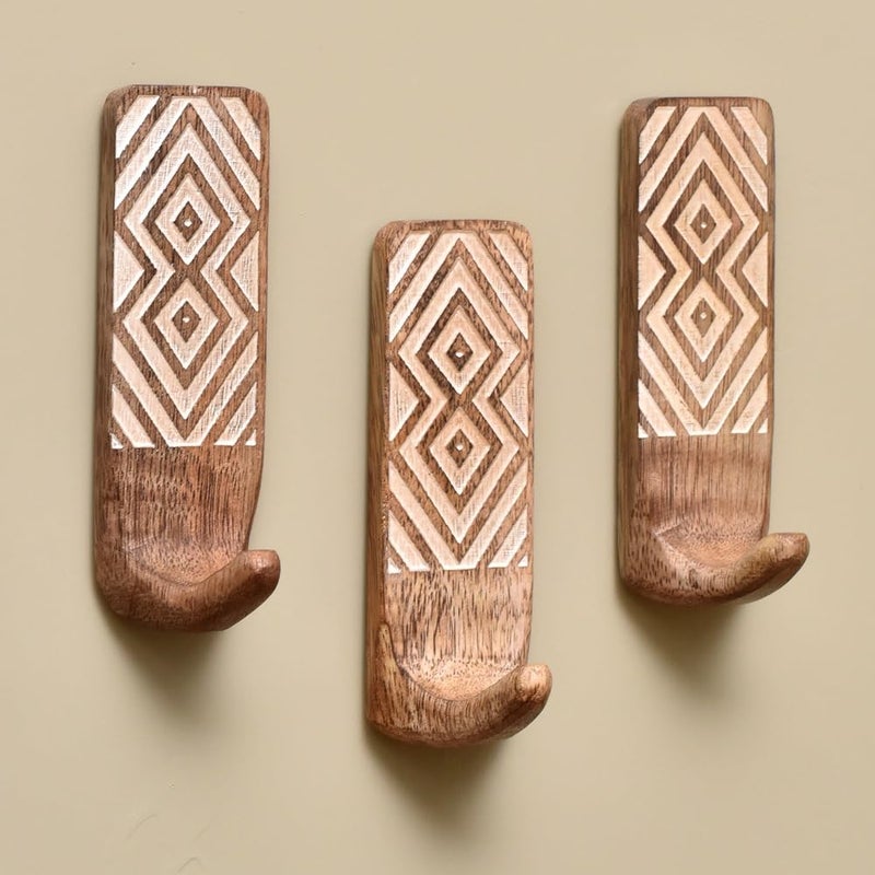 Indian Shelf Boho Decorative Wood Adhesive Wall Hooks for Hanging Coats Keys Leash Hat Towel Holder Cute Sticky Key Holder White and Brown Western Wall Dcor 3 Hooks 6 Strip