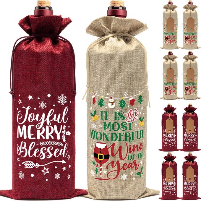 Burlap Wine Bags Christmas Wine Gift Bags 10 Pcs Bottle Bag with Drawstring Tag Rope Reusable Merry Xmas Bottle Covers for Xmas Wedding Birthday Holiday Party Housewarming Storage