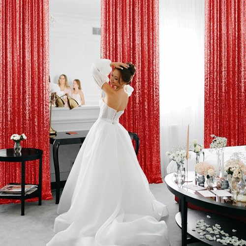 Pufogu 2×8FT-2PCS Red Sequin Backdrop Curtains Panels, Photography Backdrop Glitter Curtains Fabric Background for Christmas Wedding Party Decor - Image 4