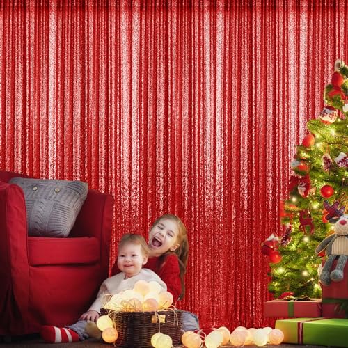Pufogu 2×8FT-2PCS Red Sequin Backdrop Curtains Panels, Photography Backdrop Glitter Curtains Fabric Background for Christmas Wedding Party Decor - Image 3