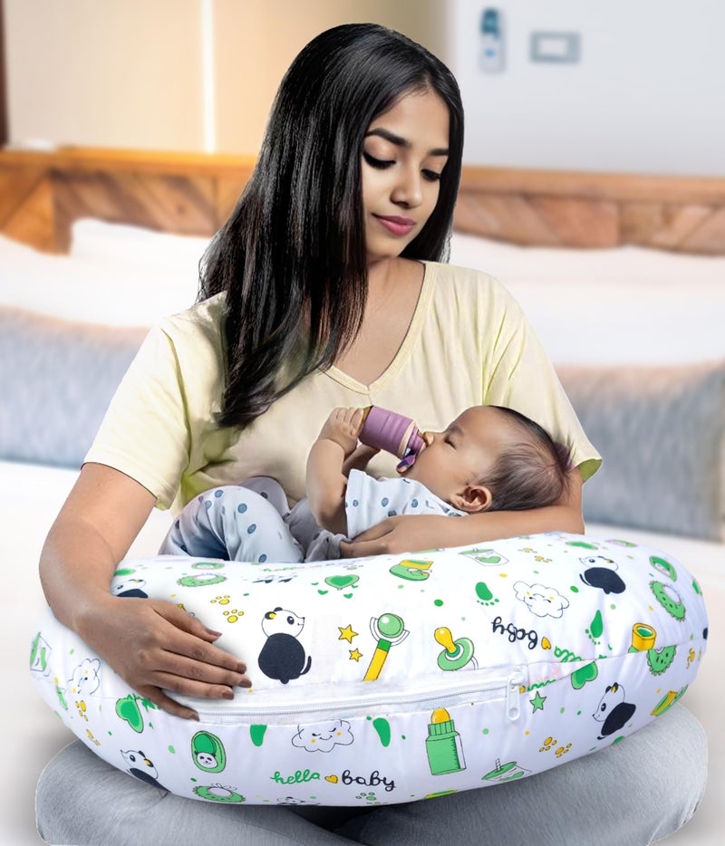 Infans Mini Baby Feeding Pillow Cotton|Maternity Feeding Pillow Portable & Adjustable|Nursing Pillow for Mother and New Born Baby (Panda Green) - Image 1