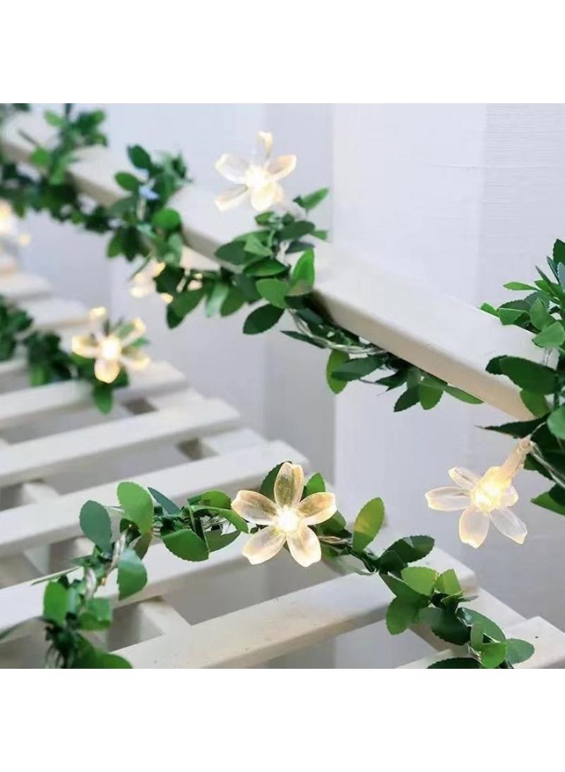 New LED Courtyard Rattan Light String Ins Simulation Green Leaf Dormitory Balcony Fence Wall Outdoor Decorative Light Sakura Warm White Light - Image 1