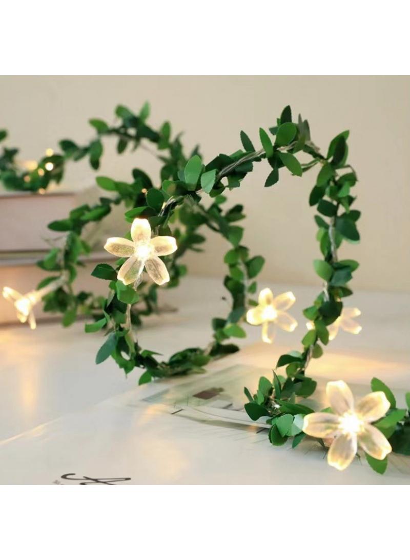 New LED Courtyard Rattan Light String Ins Simulation Green Leaf Dormitory Balcony Fence Wall Outdoor Decorative Light Sakura Warm White Light - Image 2