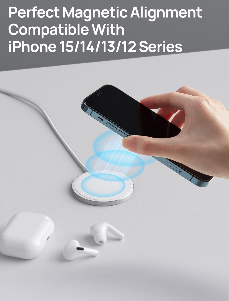 jsaux شاحن لاسلكي مغناطيسي JSAUX متوافق مع شاحن MagSafe/iPhone 16/16 Pro/16 Plus/16 Pro Max/iPhone 15 Pro Max Plus/iPhone 14 13 12 Series، وسادة شحن لاسلكية Mag Safe، شاحن مغناطيسي (فضي) - Image 3
