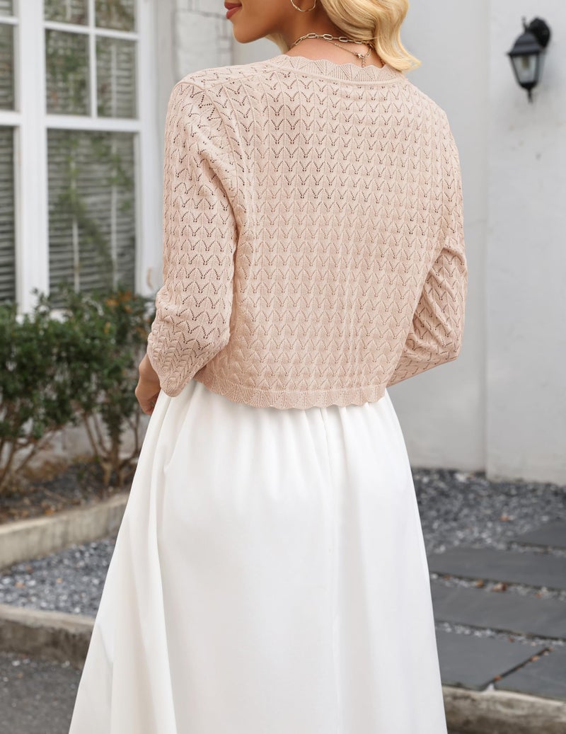Zeagoo Women Cardigan Cropped Crochet Shrugs Summer 3/4 Sleeve Lightweight Bolero Shrug Open Front Cardigan for Dress Beige - Image 5