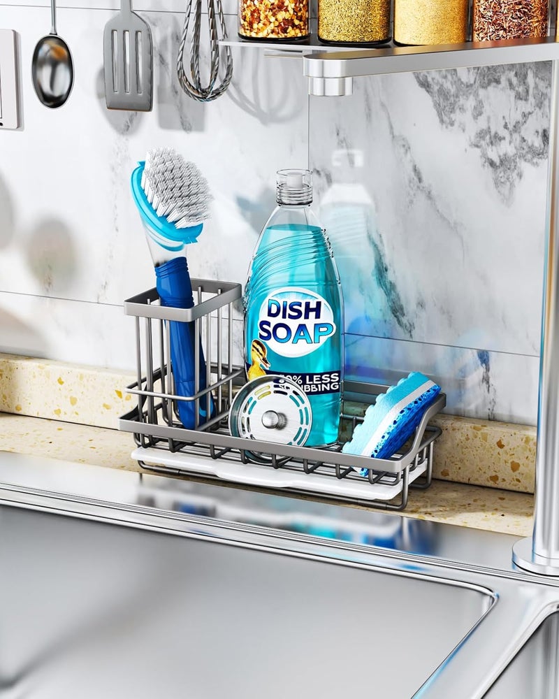 Consumest Sponge Holder for Kitchen Sink, Sink Caddy Kitchen Sink Organizer with Removable Drip Tray for Countertop Dish Soap Holder Dispenser Brush Holder, 304 Stainless Steel - Sand Nickel - Image 3