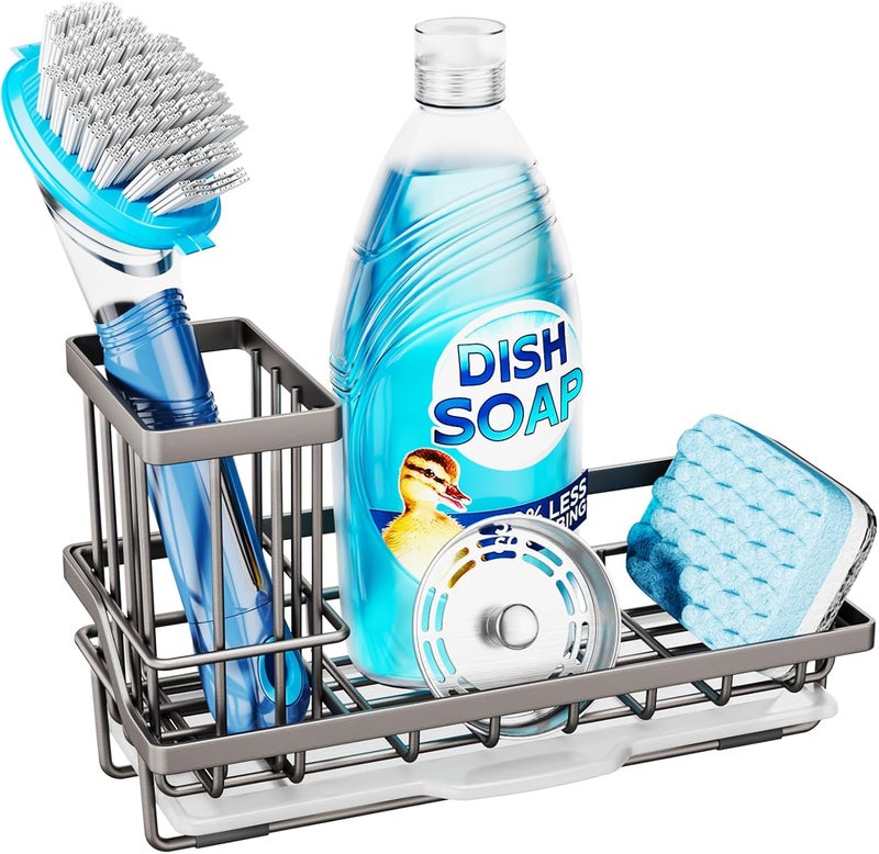 Consumest Sponge Holder for Kitchen Sink, Sink Caddy Kitchen Sink Organizer with Removable Drip Tray for Countertop Dish Soap Holder Dispenser Brush Holder, 304 Stainless Steel - Sand Nickel - Image 1
