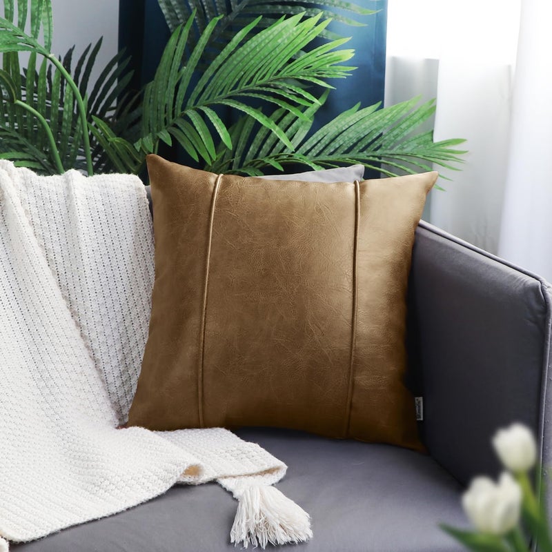 BRAWARM Khaki Leather Throw Pillow Covers 18 X 18 Inches - Faux Leather Pillow Cover with Piping, Hand Stitched Faux Leather Throw Pillow for Couch Sofa Bed Living Room Home Decorative - Image 2