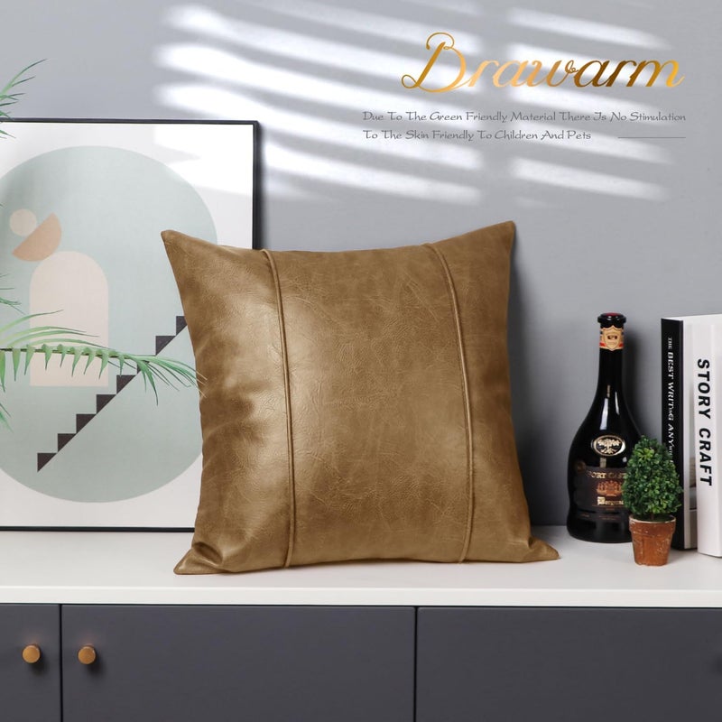 BRAWARM Khaki Leather Throw Pillow Covers 18 X 18 Inches - Faux Leather Pillow Cover with Piping, Hand Stitched Faux Leather Throw Pillow for Couch Sofa Bed Living Room Home Decorative - Image 5