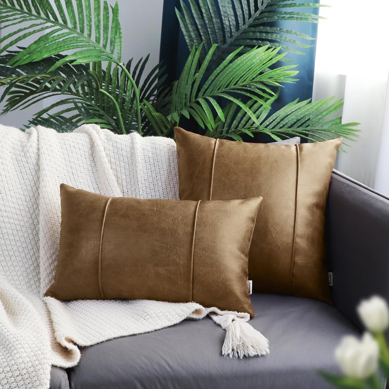 BRAWARM Khaki Leather Throw Pillow Covers 18 X 18 Inches - Faux Leather Pillow Cover with Piping, Hand Stitched Faux Leather Throw Pillow for Couch Sofa Bed Living Room Home Decorative - Image 3