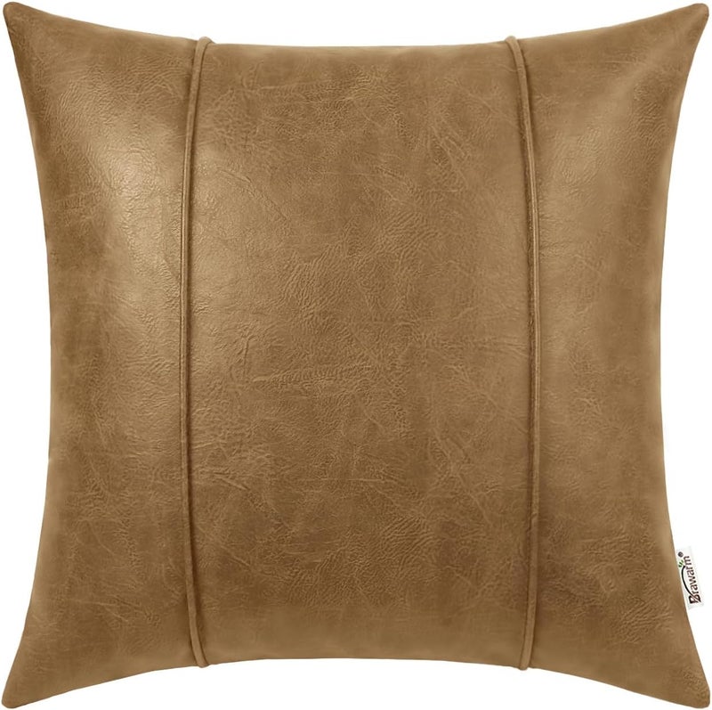 BRAWARM Khaki Leather Throw Pillow Covers 18 X 18 Inches - Faux Leather Pillow Cover with Piping, Hand Stitched Faux Leather Throw Pillow for Couch Sofa Bed Living Room Home Decorative - Image 1