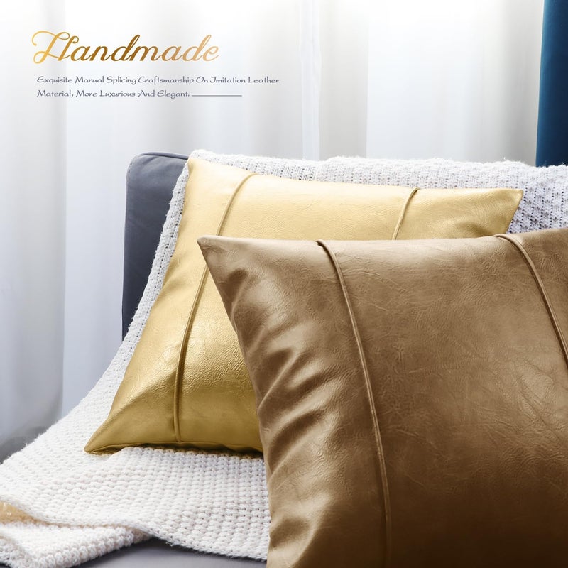 BRAWARM Khaki Leather Throw Pillow Covers 18 X 18 Inches - Faux Leather Pillow Cover with Piping, Hand Stitched Faux Leather Throw Pillow for Couch Sofa Bed Living Room Home Decorative - Image 4