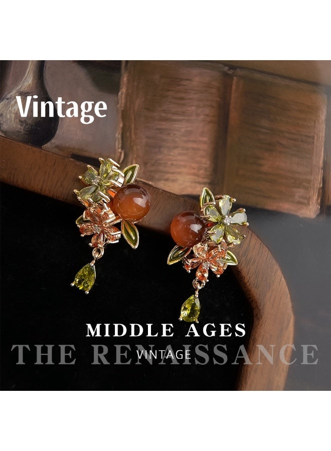 Vintage French Retro Persimmon Flower Tassel Earrings | Micro-paved Zirconia Luxury Earrings - Image 1