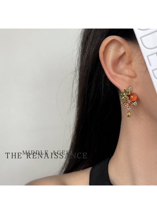Vintage French Retro Persimmon Flower Tassel Earrings | Micro-paved Zirconia Luxury Earrings - Image 2