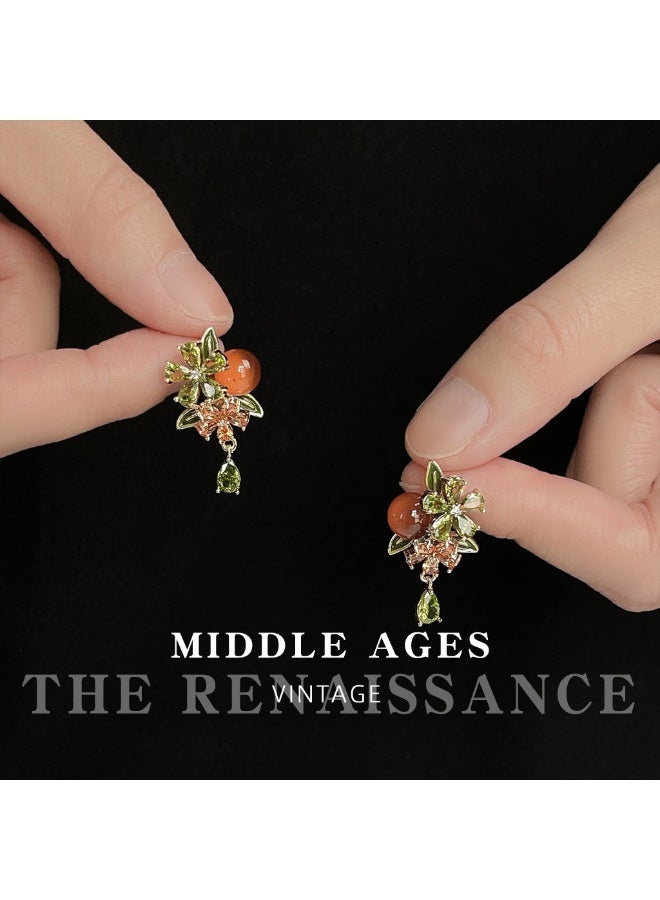 Vintage French Retro Persimmon Flower Tassel Earrings | Micro-paved Zirconia Luxury Earrings - Image 4