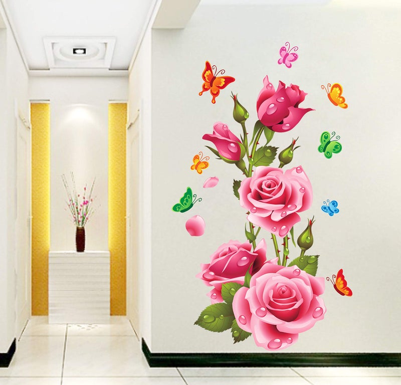DivineDesigns Rose Bouqet with Butterflies Wall Sticker for Living Room Bedroom Office Entrance (20X35) INCH Pack of 1 - Image 1