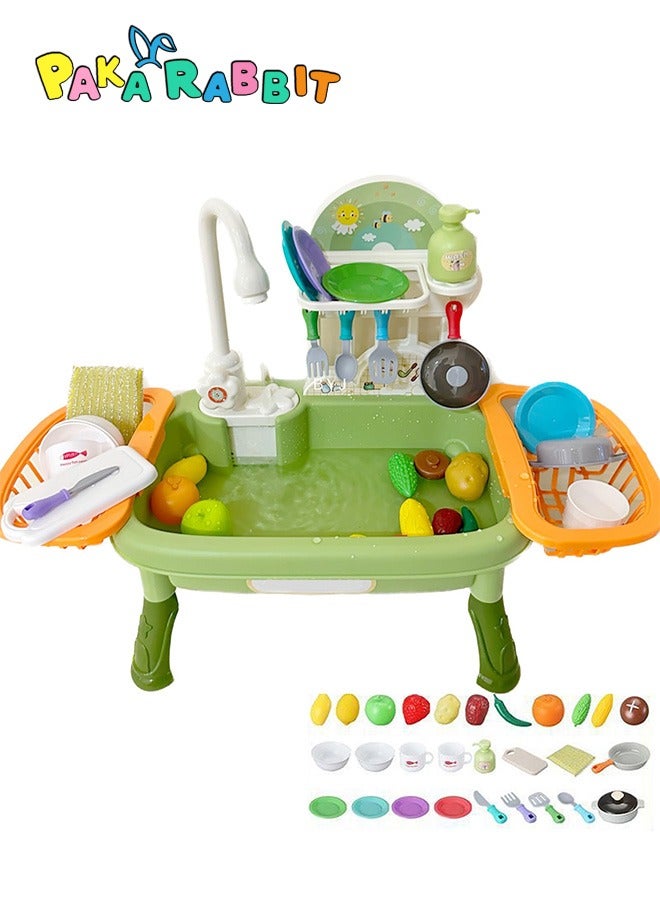 Paka Rabbit Kids Kitchen Sink Toy Set with Running Water 34 Pieces, Electric Dishwasher with Automatic Drain System, Kitchen Toys for Boys, Girls and Toddlers  - Image 1