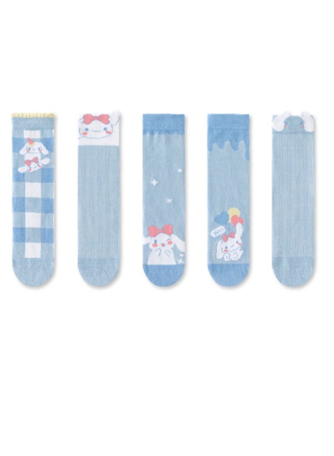 5 Pairs Knee High Socks for Girls, Cute Cartoon Compression Sock, Comfy Breathable Long Cotton Stocking 30cm