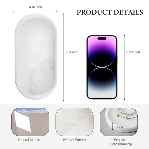 Koville African Natural White Marble Decorative Tray 10 x 5 Marble Vanity Tray for Bathroom Countertop Organizer Stone Trays Catchall Tray for Perfume Candles Jewelry Namib Bianco White - Image 3