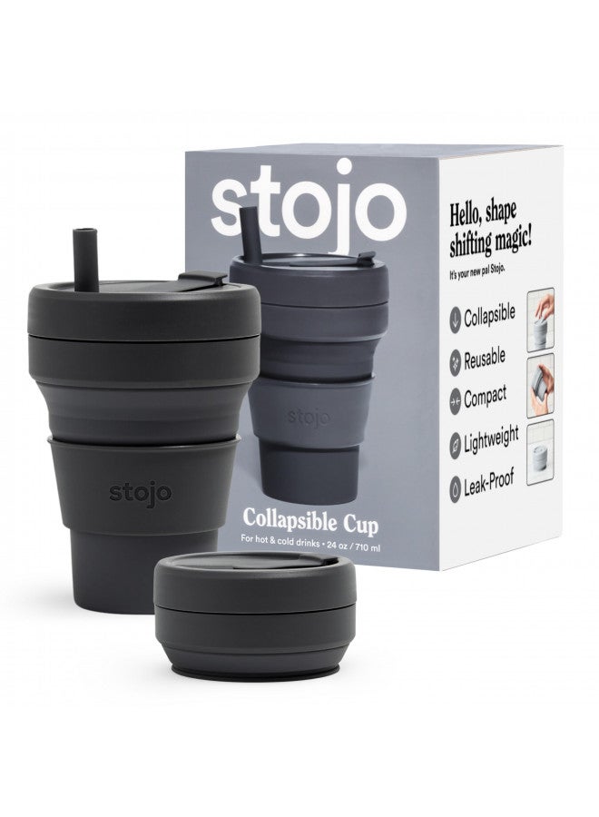 Stojo STOJO Titan Collapsible Travel Cup With Straw - Carbon Gray, 24oz / 710ml - Reusable To-Go Pocket Size Silicone Cup for Hot & Cold Drinks - Camping and Hiking - Microwave & Dishwasher Safe  - Image 1