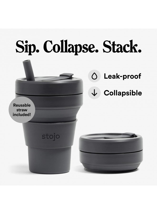 Stojo STOJO Titan Collapsible Travel Cup With Straw - Carbon Gray, 24oz / 710ml - Reusable To-Go Pocket Size Silicone Cup for Hot & Cold Drinks - Camping and Hiking - Microwave & Dishwasher Safe  - Image 2