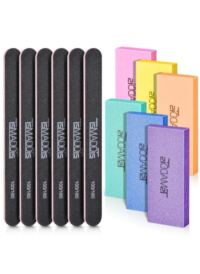 TsMADDTs Nail Files and Buffers Set with 6 pcs Rectangular Buffers and 6 pcs Black 100 180 Grit Files Professional Nail Care Tools Kit for Women and Girls - Image 1
