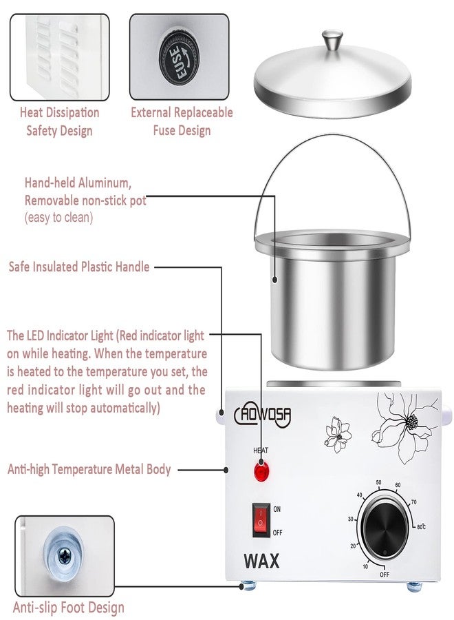 AOWOSA Professional Waxing Kit Wax Warmer Single Pot Wax Heater Machine for Hair Removal, Large Waxing Pot with Non-Stick Easy Clean Pot, 50 Sticks & 20 Collar, for Spa Salon Beauty Esthetician Home(White) - Image 4