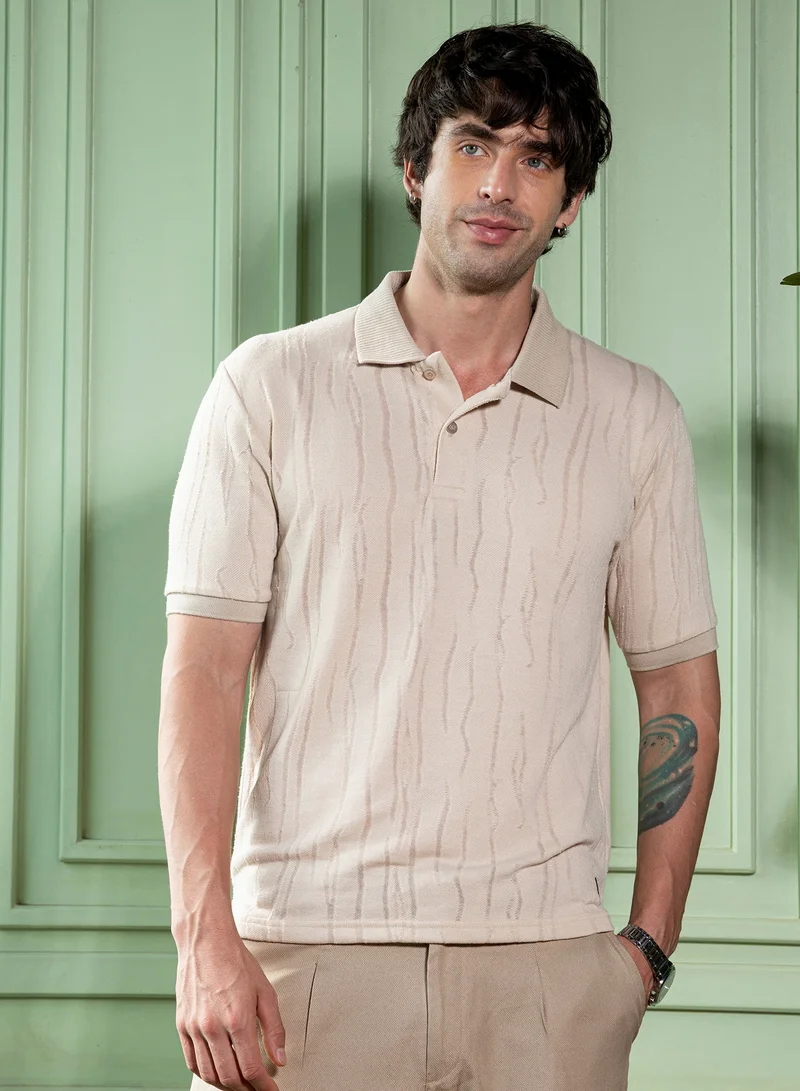 كامبوس سوترا Men Crevice-Jacquard Polo T-Shirt | Jacquard-Polo Neck, Short Ribbed-Cuff Sleeves | Half-Button , Straight Hem | Abstract Jacquard Knitted Fabric For Casual & Daily Wear | Cream White