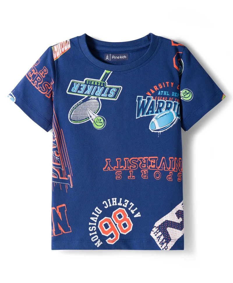 Pine Kids Pine Kids Single Jersey Knit Short Sleeves Shorts Co-ord Night Suit With Sports Print - Navy Blue