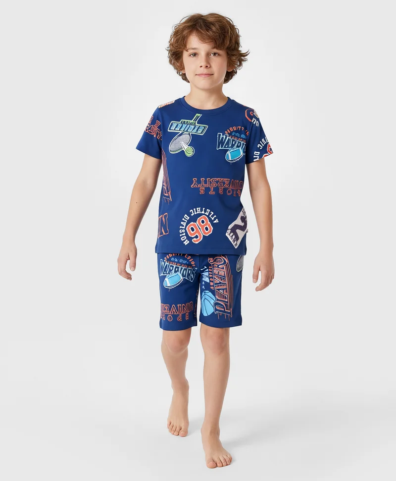 Pine Kids Pine Kids Single Jersey Knit Short Sleeves Shorts Co-ord Night Suit With Sports Print - Navy Blue