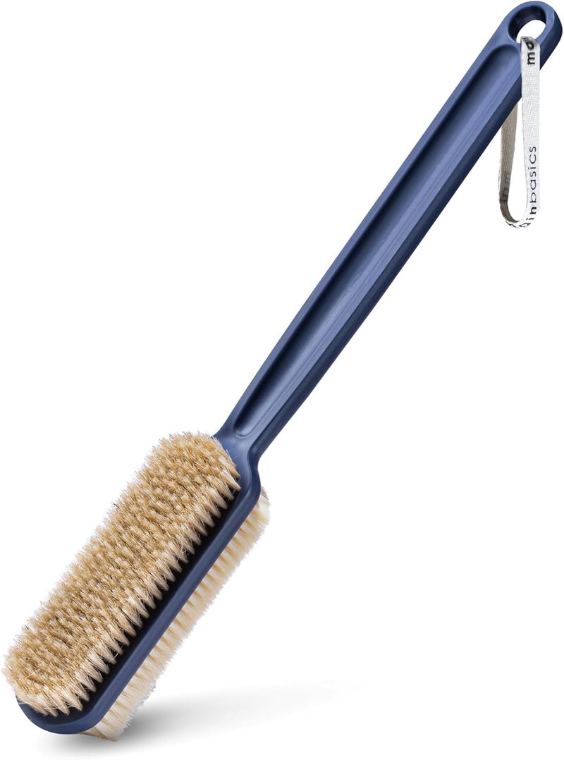 MainBasics Back Scrubber for Shower Long Handle DualSided Brush for Body Wash Scrubbing with Exfoliating Soft Bristles Ultramarine Plastic